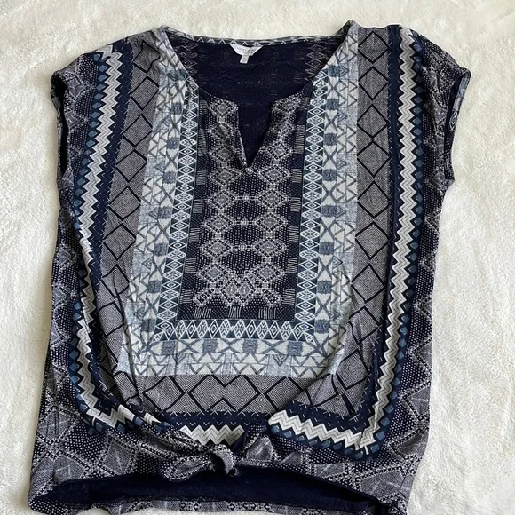 Lucky Brand tie waist sleeveless top blue / grey print sz large - Picture 1 of 12